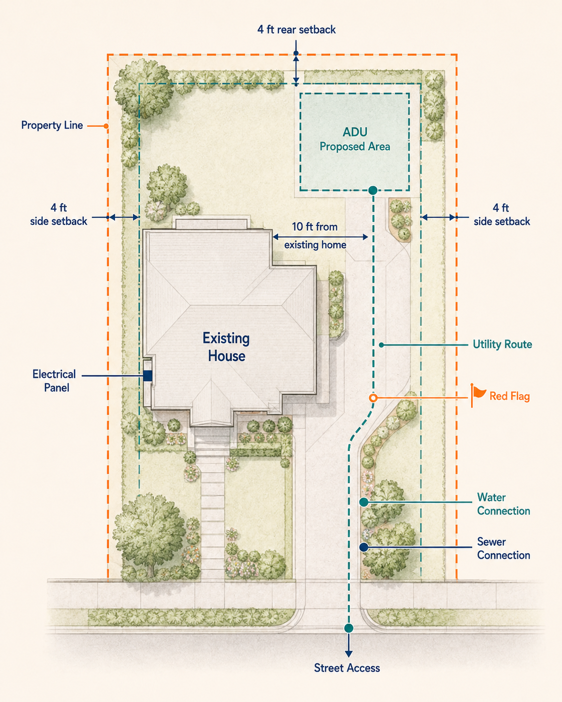 Illustrated bird's-eye site plan of a property showing the property line, the proposed ADU area, required front, side, and rear setbacks with dimensions, the 10-foot separation from the existing home, the utility route with water and sewer connection points, a flagged item along the utility path, and street access